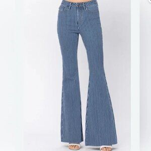 Judy Blue Jeans High Rise Railroad Stripe Super Flare Raw Hem